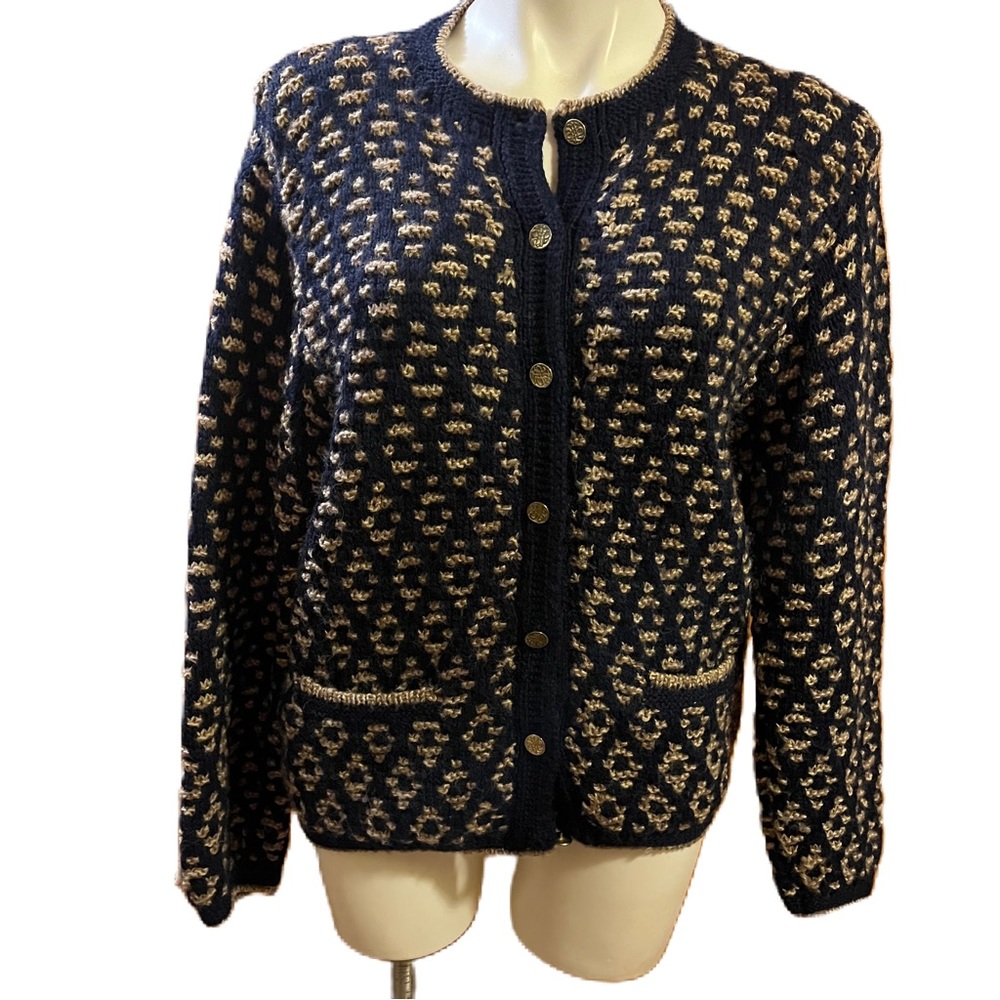 Peruvian connection merino wool blue  diamond print hand knit cardigan sweater